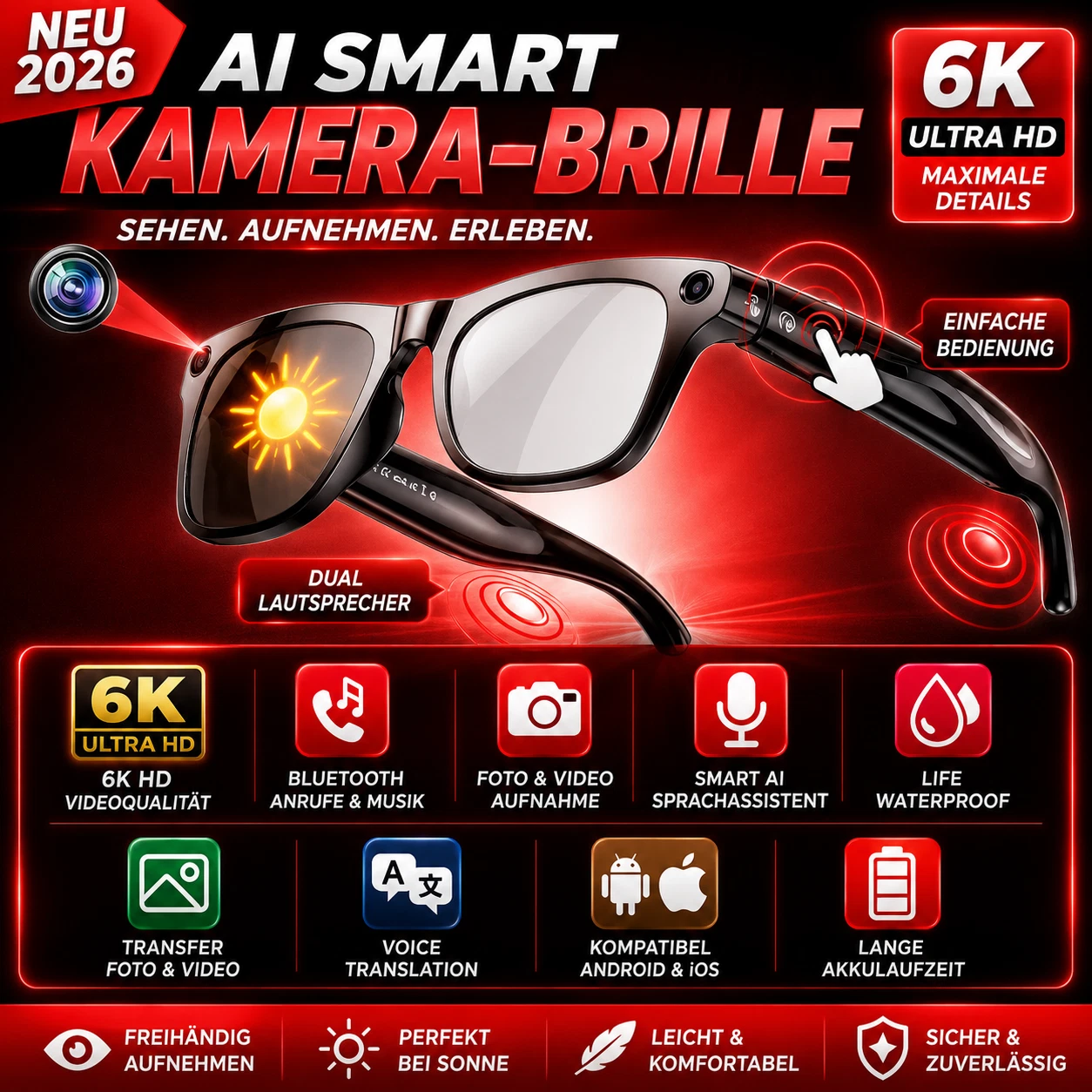 Lenovo Smart-Brille 100 MP Kamera 8K mit Bluetooth-Anruffunktion