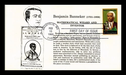 US COVER FIRST DAY OF ISSUE BENJAMIN BANNEKER BLACK HERITAGE SERIES