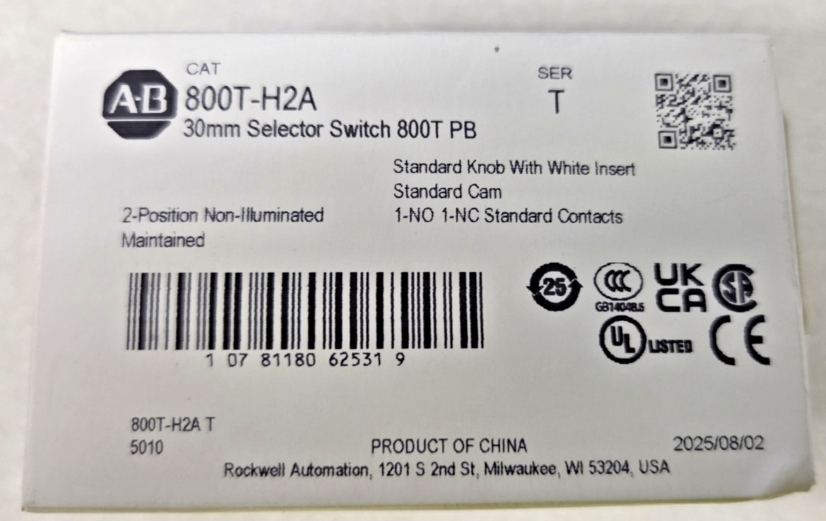 New Allen-Bradley 800T-H2A Standard Knob Selector Switch 30mm 2 Position