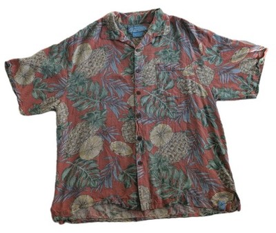 Bermuda Bay 100% Silk Tropical Print Button Up Shirt Men's Large Wood Buttons