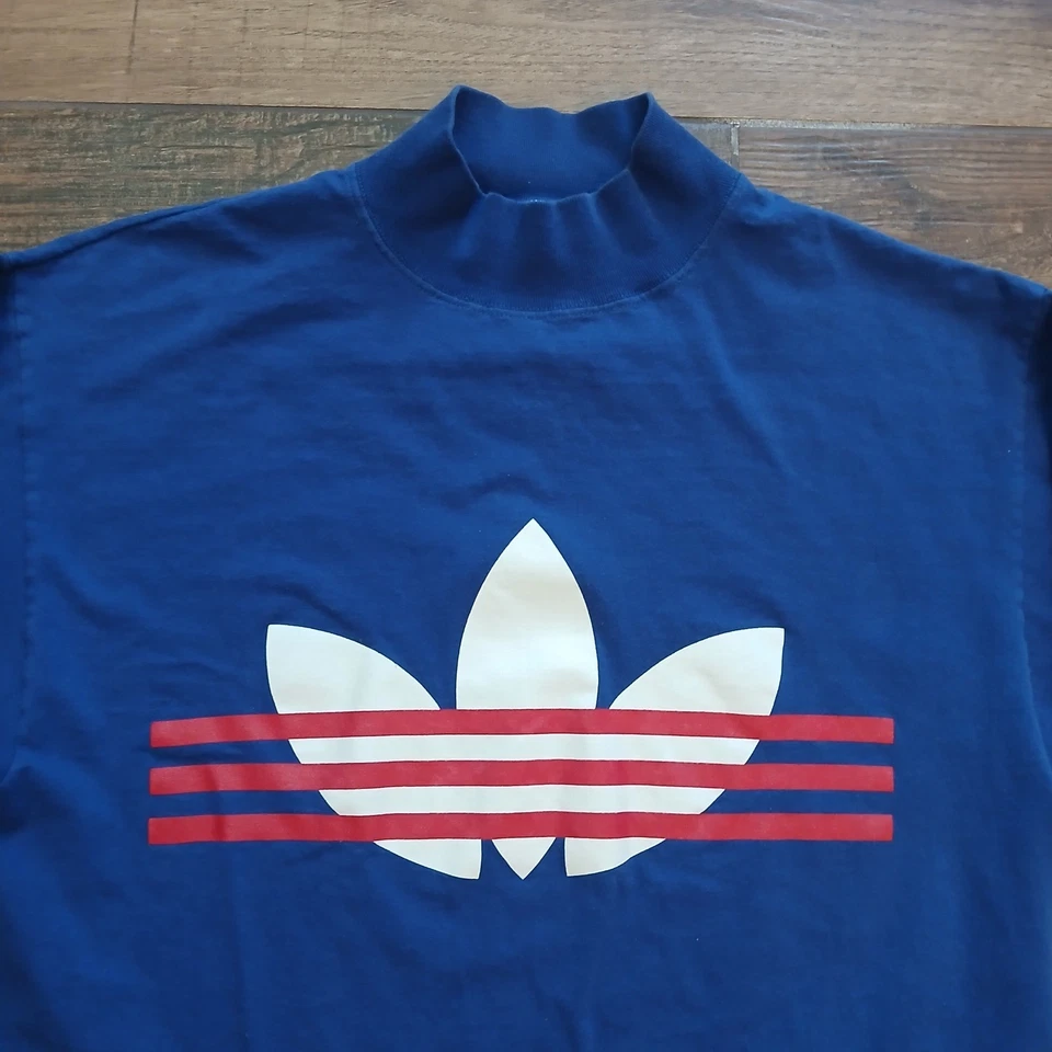 Vintage Adidas Shirt Mens Large Blue Mock Neck Logo Made In USA Cotton 90s - Image 2 of 4