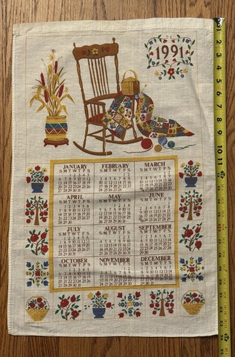 Calendario da parete vintage 1991 stampato in tessuto da appendere asciugamano da tè campagna fattoria - Foto 2 di 9