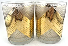 Culver Gold Chevron Lowball Glasses Set of 2 Mid Century 22K Gold