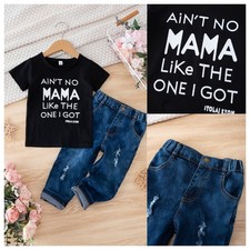 Toddler Baby Boys Crew Neck T-shirt Ripped Jeans Pants 2PCS Clothes Outfits Set