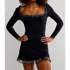 free people lucette mini dress smoked black with ruffled trim, women size 4