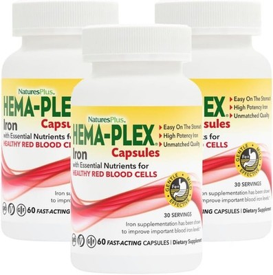 NaturesPlus Hema-Plex Iron - 60 Fast-Acting Capsules - 3 Pack - 85 mg Chelated I
