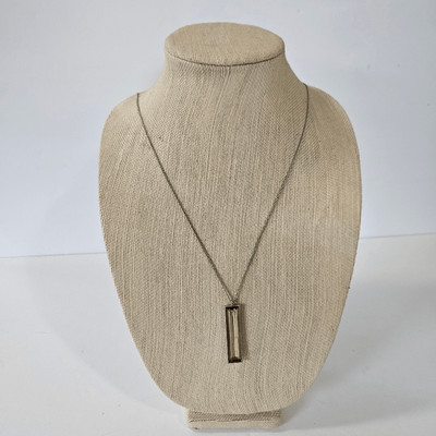 LOFT Long Silver Tone Chain Textured Bar Pendant Faceted Rhinestone Necklace 18''