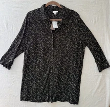 J.Jill black floral print tunic top XL rayon tencel 3/4 sleeve button front New