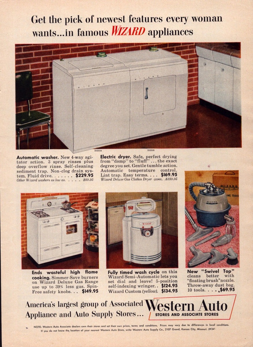 1954 Western Auto Wizard Appliances Vintage Print Ad Washer Stove