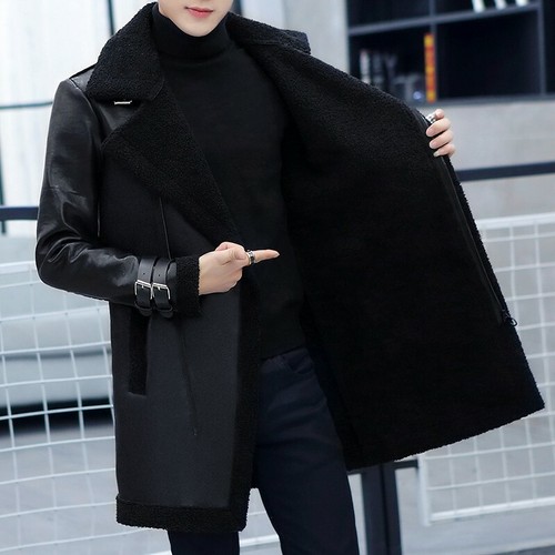Men's Casual Trench Coat Sueded Jacket Outwear Lambwool Lined Warm Slim Fit New - Picture 17 of 18