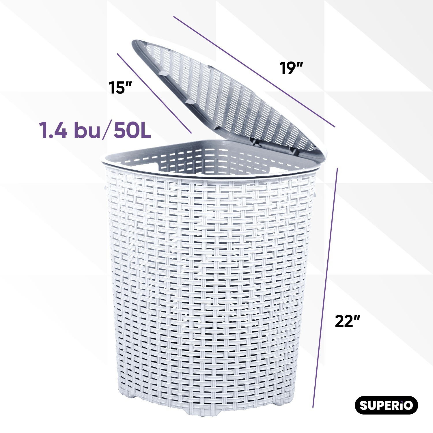 Plastic Wicker Corner Laundry Hamper with Lid-White, 2 Pack (50 Liter) Durable