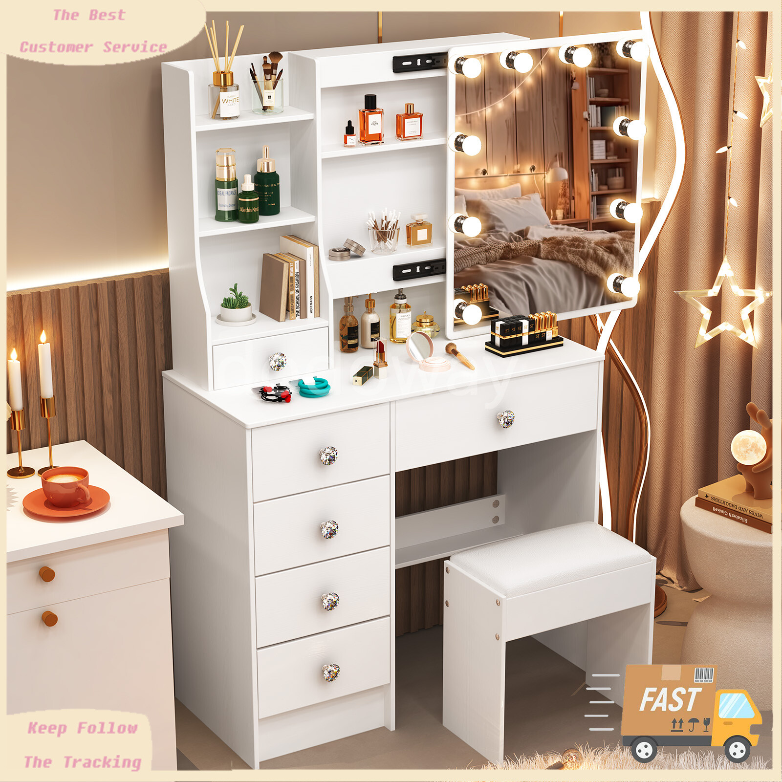 Juego de tocador blanco con 10 espejos iluminados LED maquillaje tocador escritorio
