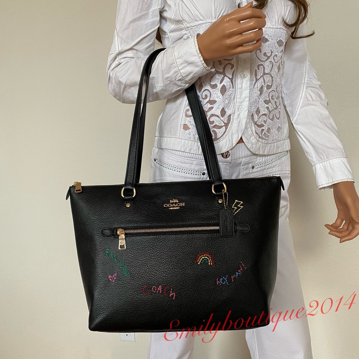 NWT Coach C8365 Gallery Tote With Diary Embroidery Black Pebble