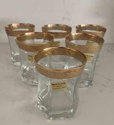 Set of 6 VTG MCM Gold Scroll Band Old Fashioned Lowball Glasses 4''
