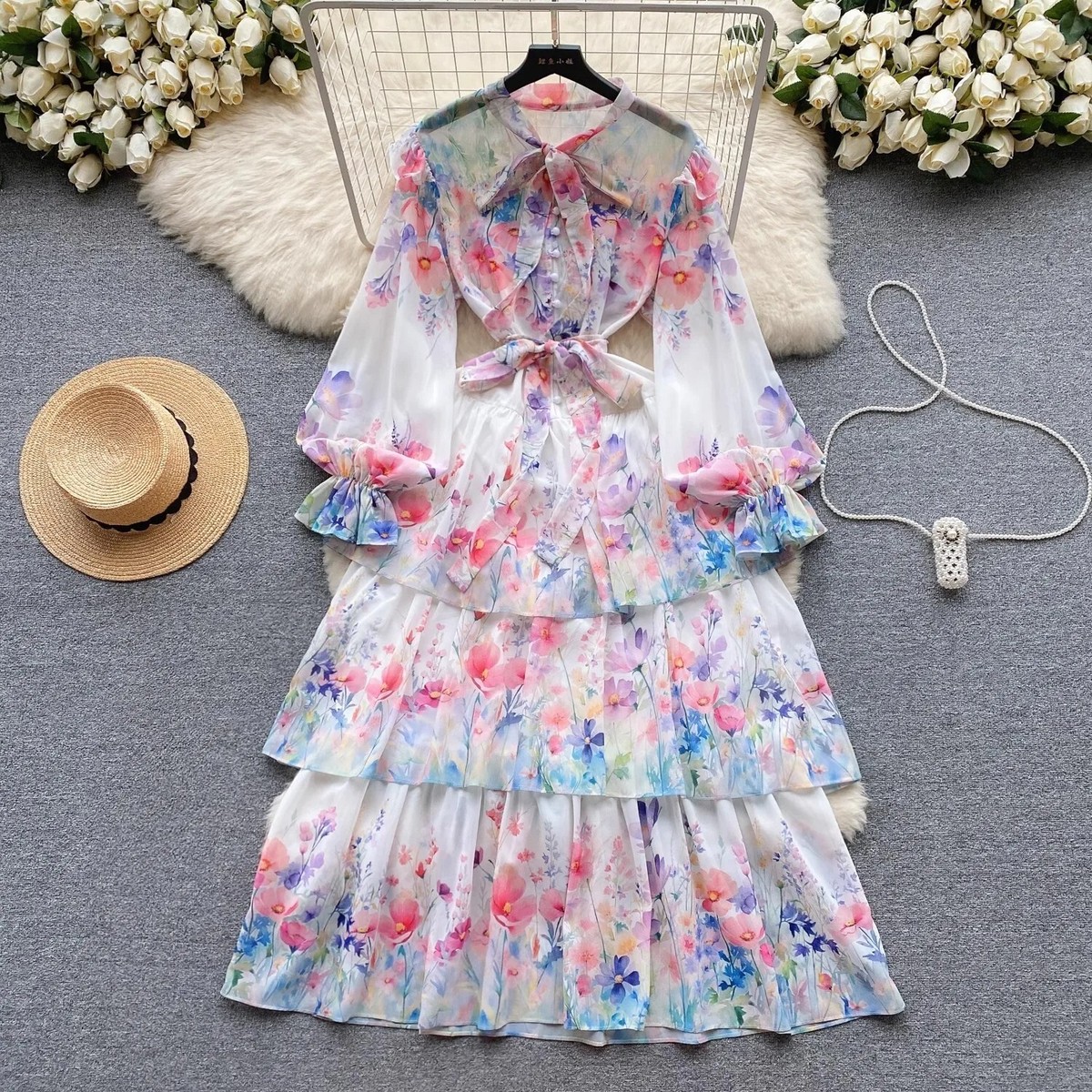 Spring Summer Flower Print Dress Chiffon Loose Bow Collar Long Lantern  Sleeve | eBay
