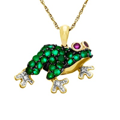 10 Karat Gold geschaffen Smaragd/Rubin & echter Diamant Frosch Anhänger mit 18'' Kette
