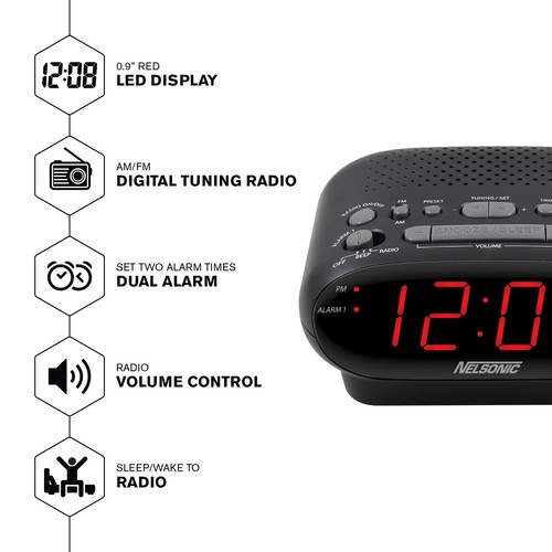 Digital AM/FM Alarm Clock Radio, Black with Red LED Display eBay