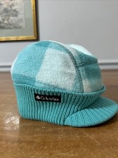 Columbia Youth One Size Knit Fleece Beanie With Bill Blue White Checkered Plaid