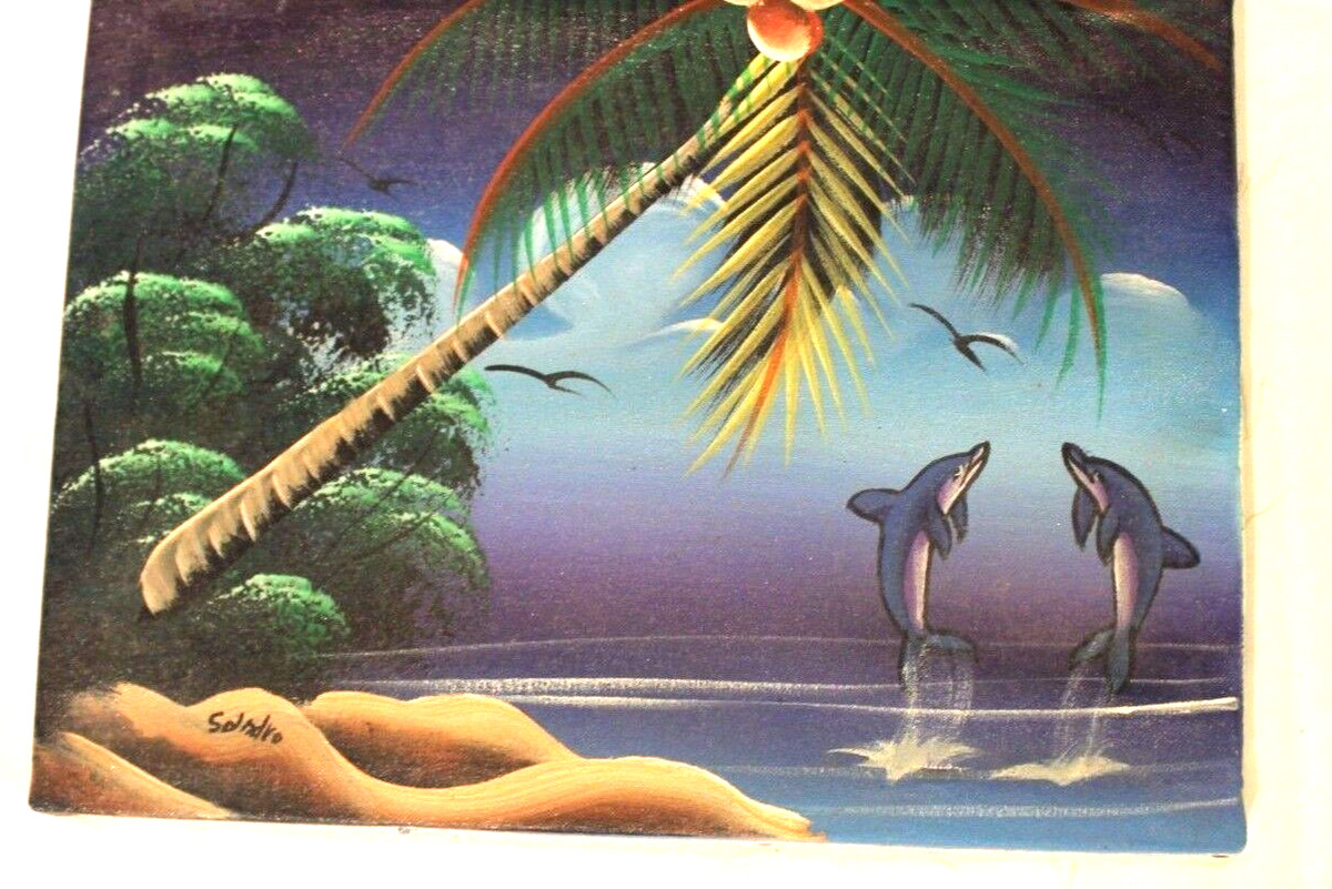 Ocean Sunset With Palm Trees And Dolphins