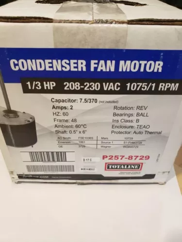 Condenser Fan Motor 1/3 HP, 208-230VAC, 1075 RPM, 1 Speed P257-8729 FSE1036S