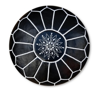 NEW Moroccan Leather Pouf Hassock Ottoman Footstool Round Foot Rest -BLACK -