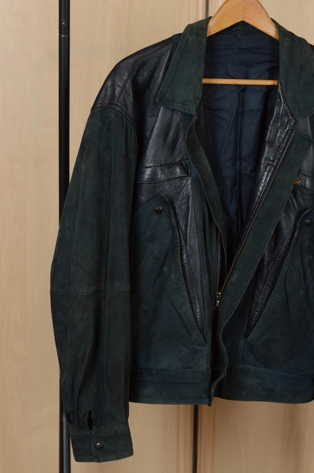 Vintage 90s Rare Italian LEONARDO Black Navy Biker Jacket Size 50 - Image 3 of 4