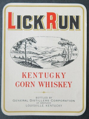 Altes Etikett LICK RUN Kentucky Corn Whiskey Louisville French Label