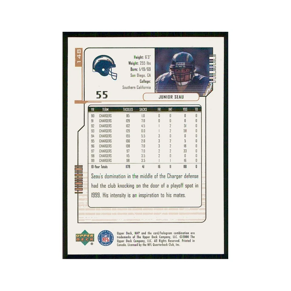 2000 Upper Deck MVP Junior Seau San Diego Chargers #148 - Image 2 of 3