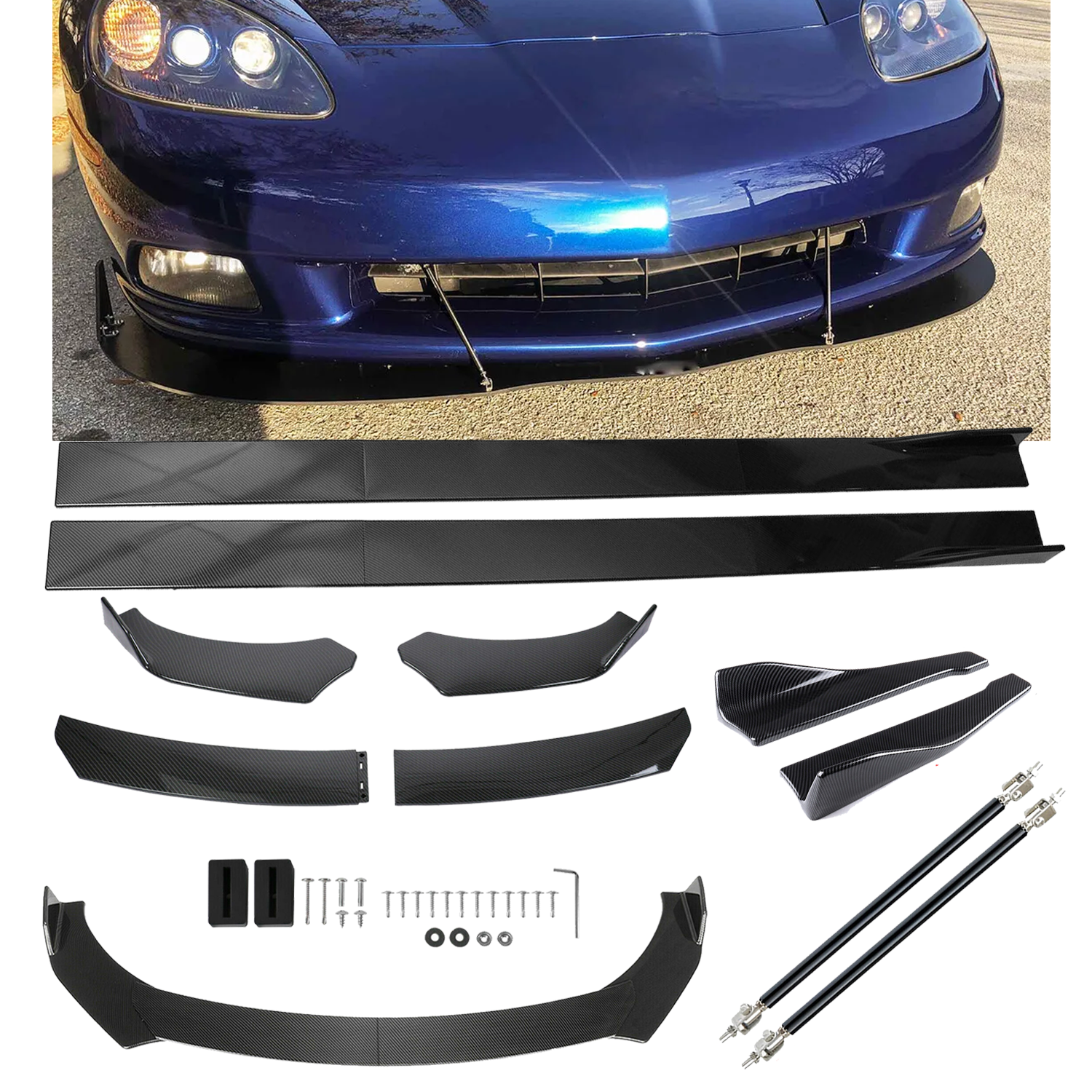 Front Lip Chin Bumper Side Skirt For Chevrolet Corvette C8 C7 C6 C5 Carbon Fiber