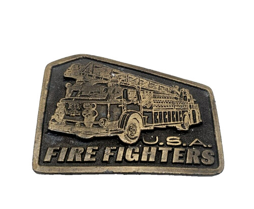 VINTAGE FIRE FIGHTERS USA FIRE TRUCK ENGINE BELT BUCKLE FIREMAN'S LADDER TRUCK