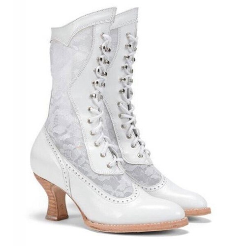 Ladies Woman Victorian Retro Boots Lolita Lace Up PU High Heel Steampunk Shoes - Picture 8 of 12