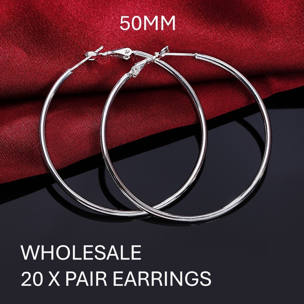 Wholesale 20-Pack 925 Sterling Silver 50mm Hoop Sleeper Earrings