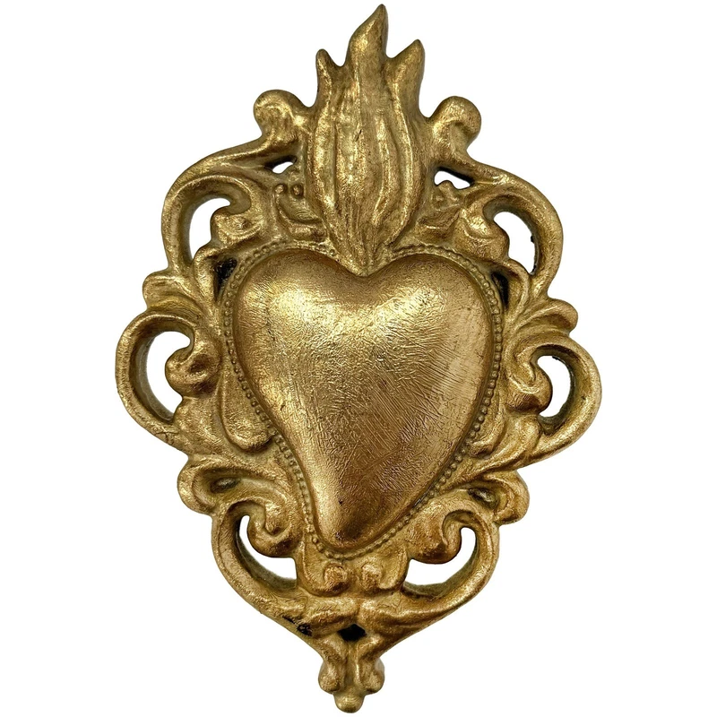 Cuore Sacro Dorato da Appendere Decorazione Parete Resina Oro con Fiamma 14 cm