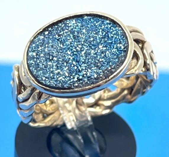 Anel vintage folheado a ouro com mais de 925 largura banda bizantina com azul escuro druso tamanho 6 - Imagem 2 de 4