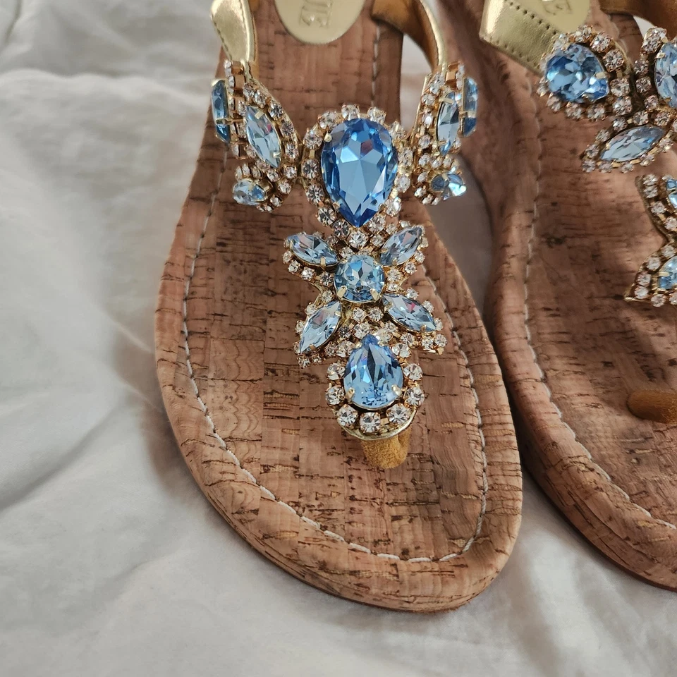 Sandalia Mystique Costa Rica Mujer Talla 7 Azul Cuña Tanga Cristal Estrás Foto 2 de 4