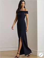 Lauren Ralph Lauren Dress Womens 8 Navy Blue Off Shoulder Twist Front Maxi Gown