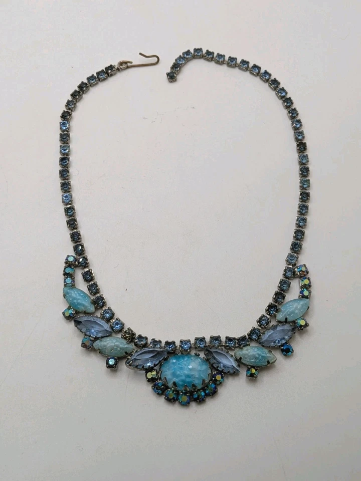 Vintage 60s D & E Juliana Art glass Blue cabochons Open Back Rhinestone Necklace - Image 2 of 4