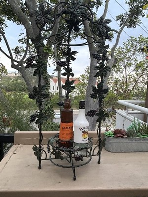 Iron Wine Glass Rack 3 Spinning Bottle Holder Metal Stand Grape Leaf 7 Glasses