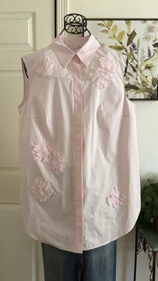 AKRIS Punto Pink Sleeveless Cotton Blouse Floral Appliqué Hidden Button Top L
