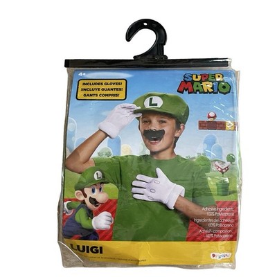 Super Mario Child s 4+ Luigi Costume Halloween Green Hat White Gloves Mustache