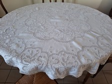 NAPPE RONDE ANCIENNE   BRODEE main, AJOUREE, en coton, diamètre 130 cm