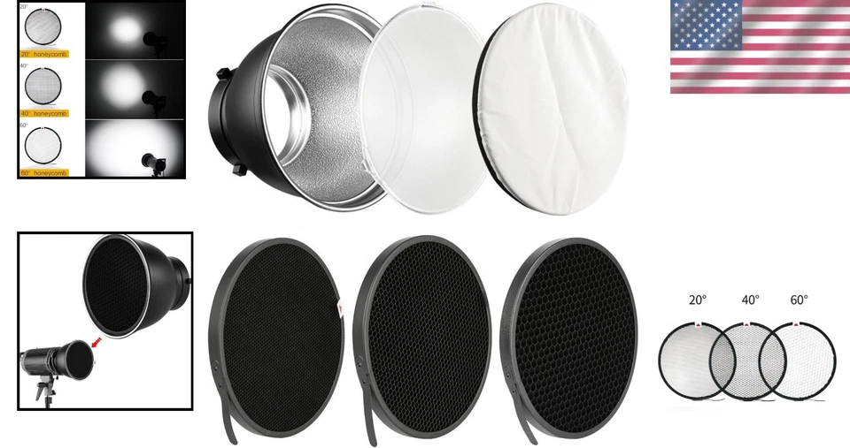 Refletor de alumínio durável 7" com grades de favo de mel ajustáveis para fotógrafos - Imagem 2 de 4
