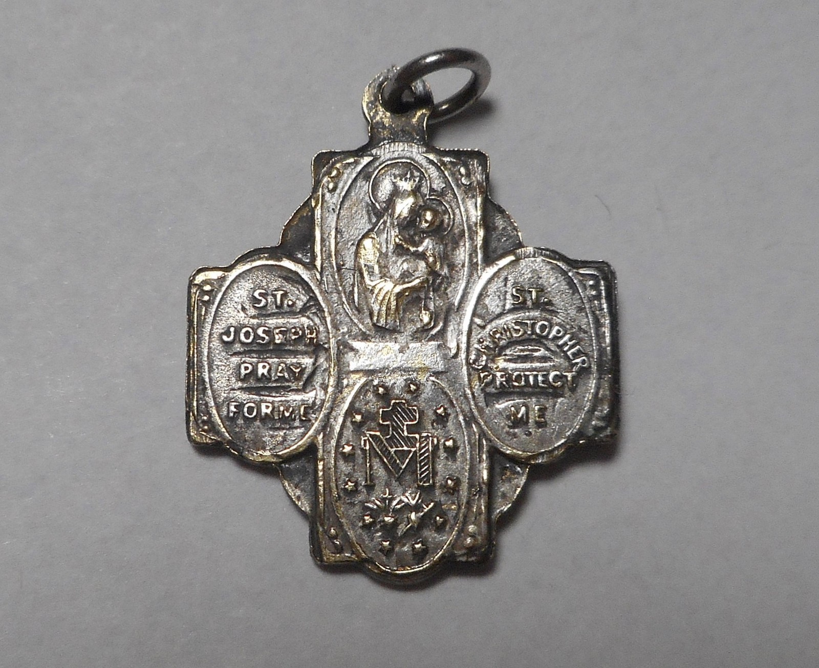 Vintage Four Way Cross Medal Silvertone Catholic Religous Medal