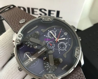 NEW DIESEL MR DADDY 2.0 DZ7314 GREY CASE BLUE DIAL BROWN STRAP MEN'S WATCH