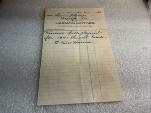 Vintage Receipt Harmon Motors Melfa, Va. 1950
