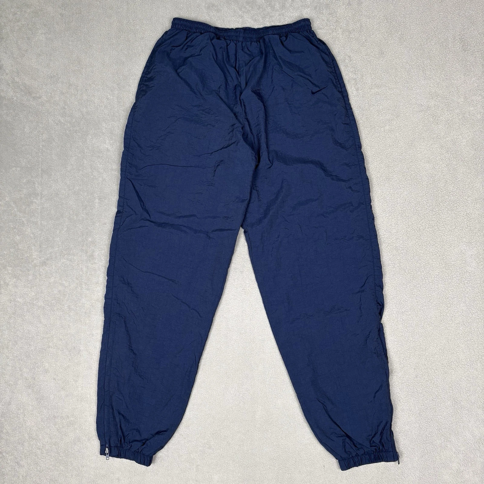 Vintage 90s Nike Baggy Track Pants L Navy Lined Ankle Zip Windbreaker Nylon Y2K