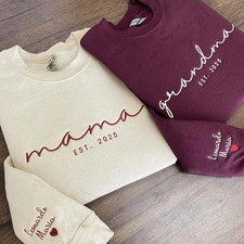 Custom Embroidered Sweatshirt, Name On Sleeve With Heart, Mama Est Year Shirt