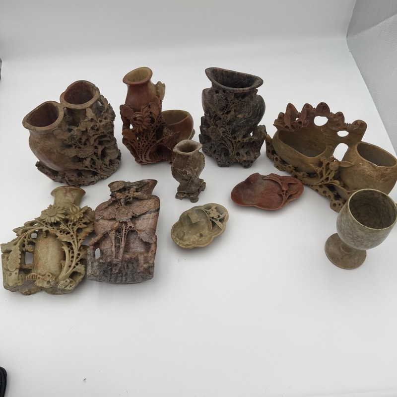 Lot Of 10 Vintage Handmade Soapstone Statues/Trays/Motifs Vase Incense Burners