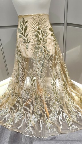 RED DE ENCAJE BORDADO Y LENTEJUELAS DE LUJO ORO ELAGANT CALIDAD 1M 50 W 1 M.PR - Imagen 1 de 9