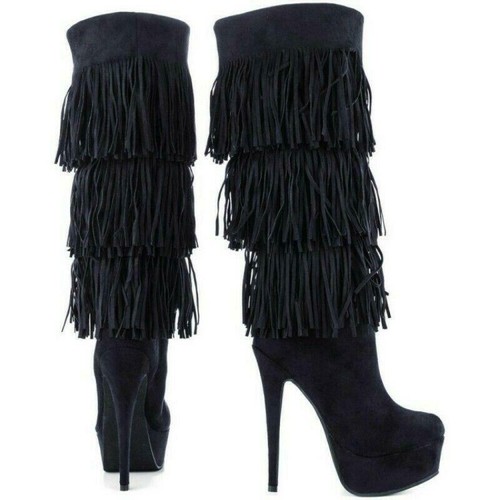 Stivali alti al ginocchio donna con frange tacco alto pull on nappe scarpe plateau oversize - Foto 9 di 13